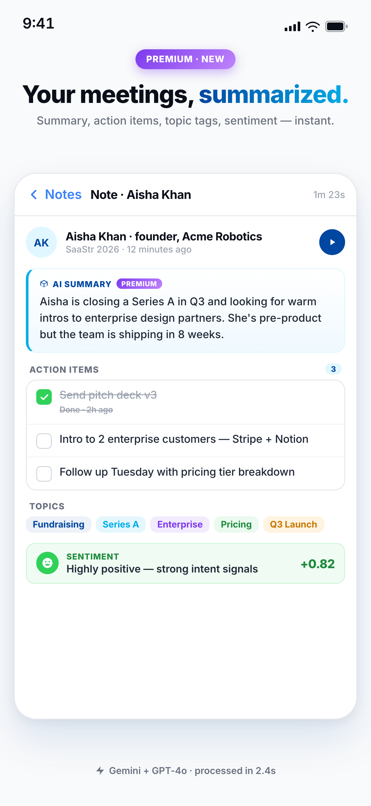 NexaLink Card Premium showing AI Notetaker summary with action items