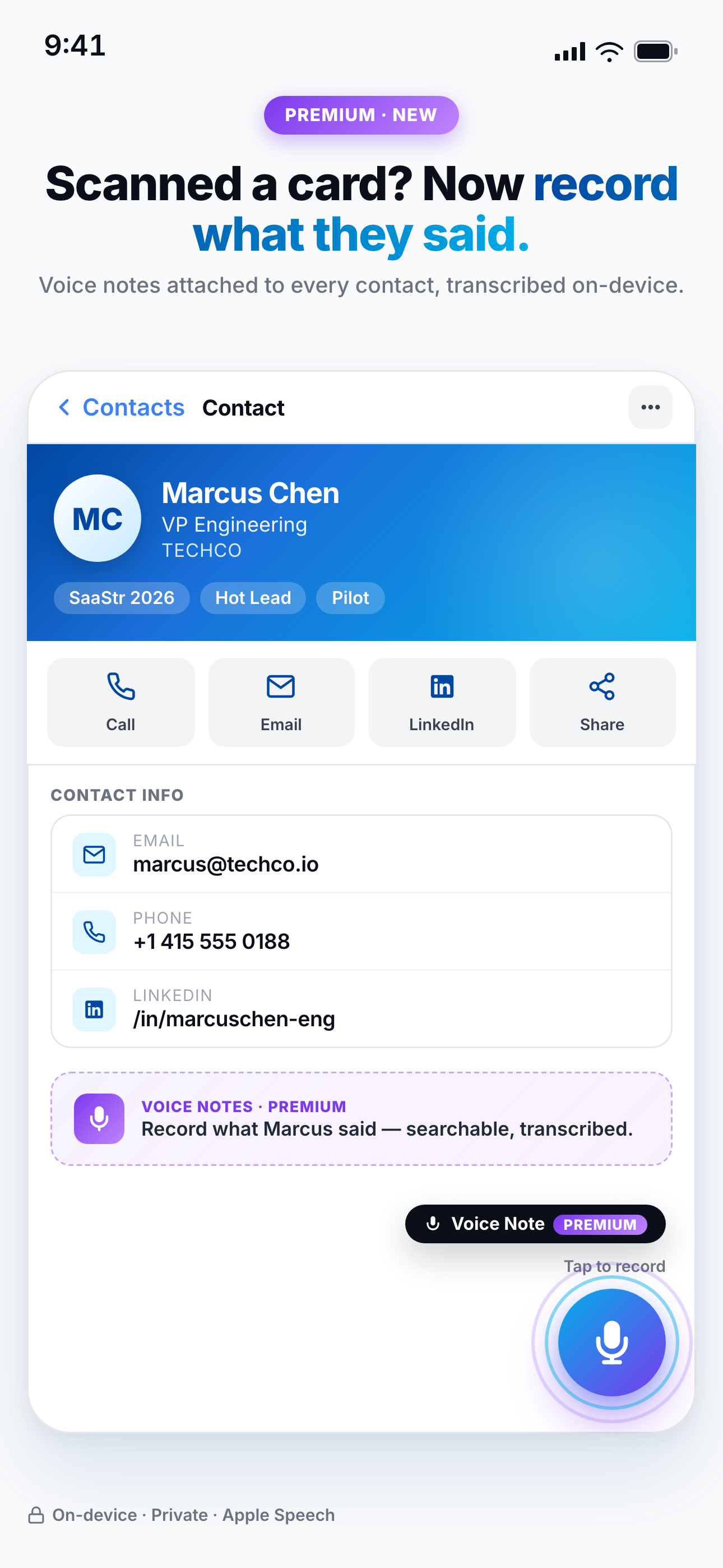 NexaLink Scanner showing the voice note CTA on a scanned contact